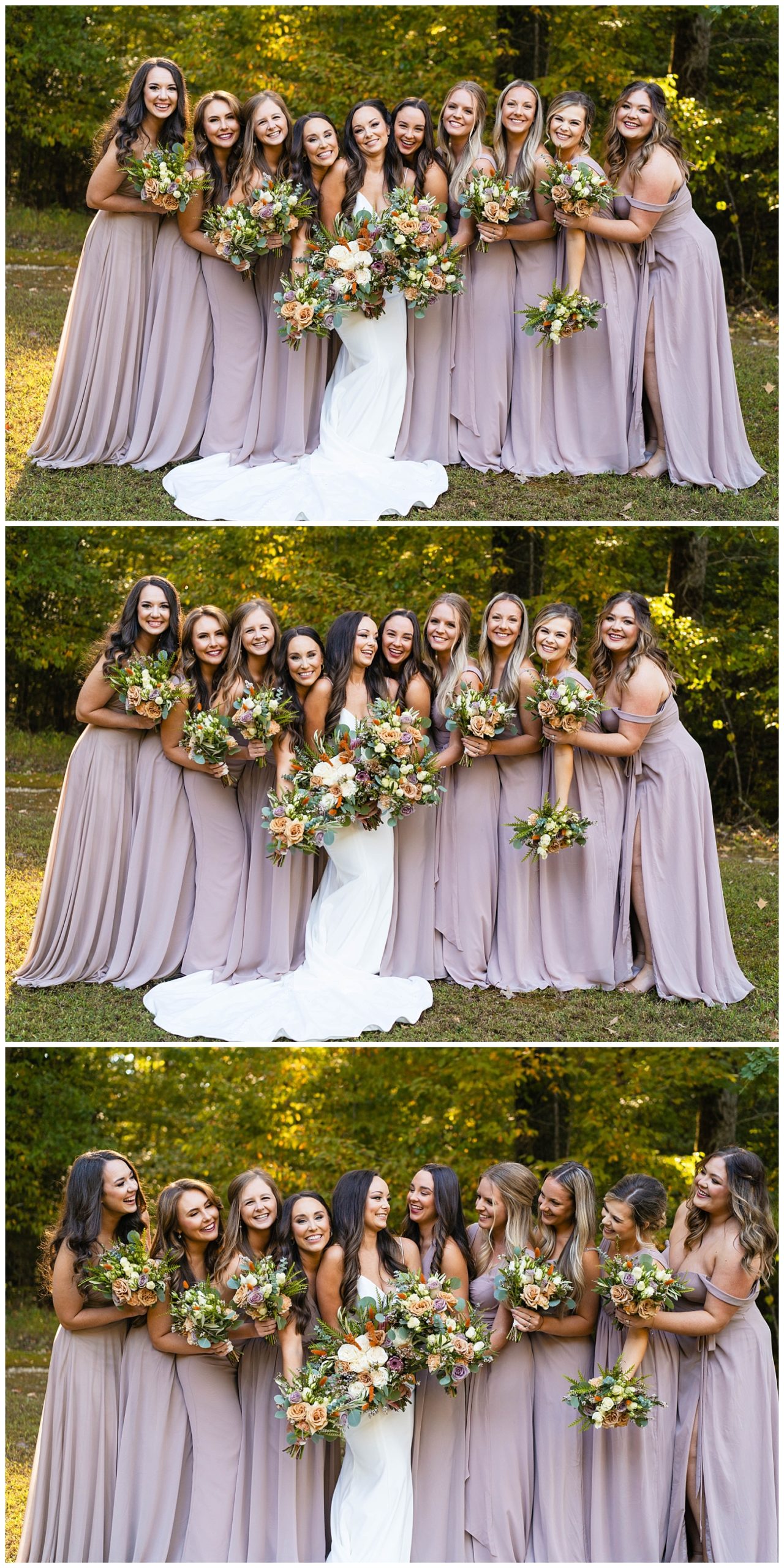 bride and bridesmaids blush dresses blue dresses