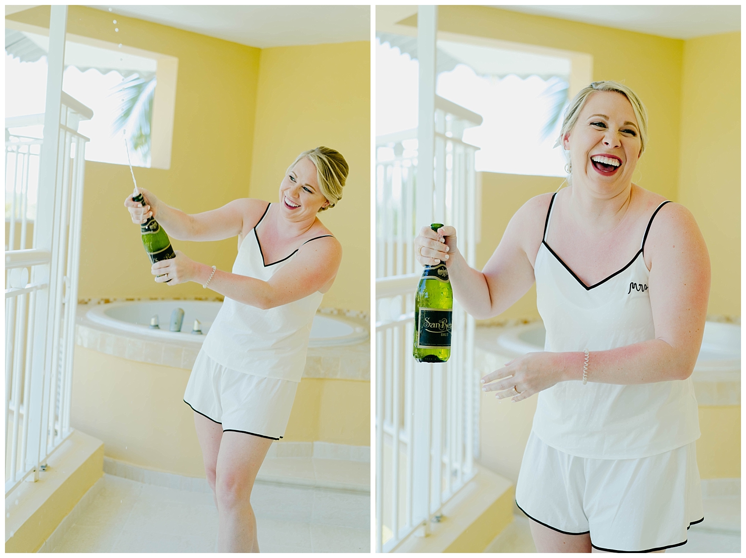 bride popping champagne 